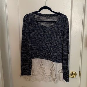Cozy knit blue sweater with lace trim